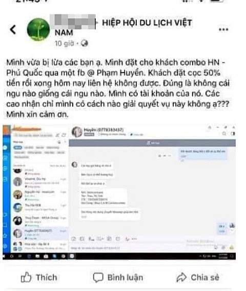 Tin nhắn lừa đảo đặt phòng du lịch qua Facebook giả mạo yêu cầu chuyển khoản tiền cọc